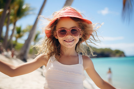 夏天可爱帽子小女孩戴着帽子和太阳镜背景