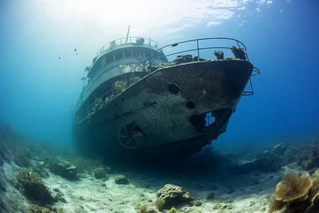 沉船潜水沉在海底的船上的残骸背景