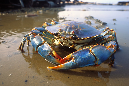 沙滩上的螃蟹蓝蟹在海滩上坐着背景