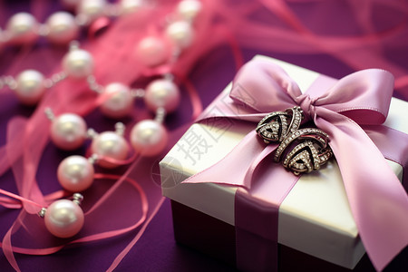 项链包装粉红丝带与礼物盒背景