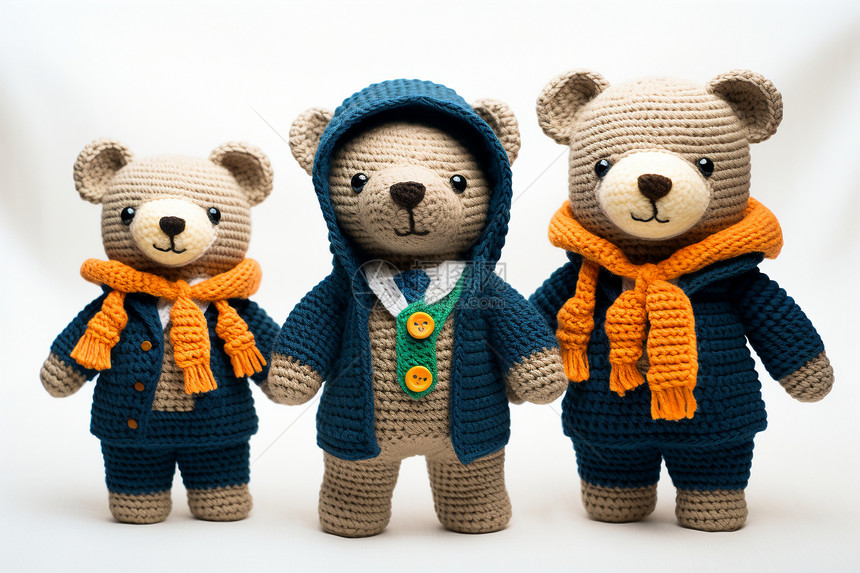 三只穿着毛衣的玩具熊站在一起图片