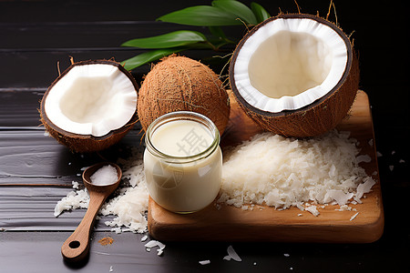 椰子纤维香甜的椰子展示在木质切菜板上背景