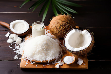 椰子与椰子奶放在木质切菜板上高清图片