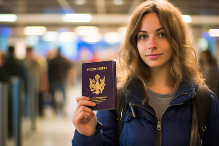 一位女士在机场休息区拿着护照背景图片