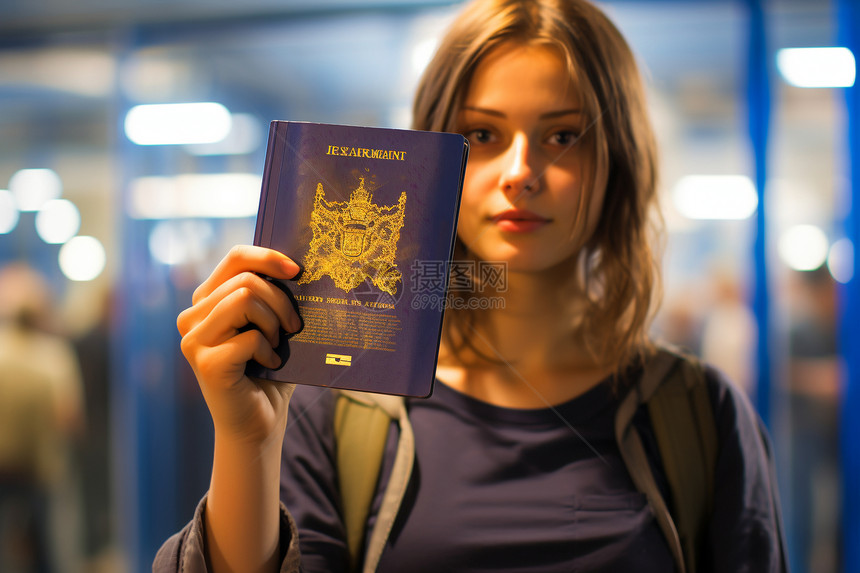 一个女士拿着护照站里图片