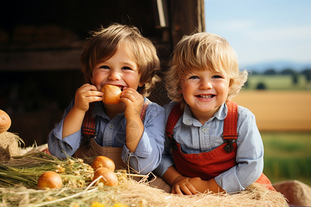 田间小孩欢乐的双胞胎在田间吃着面包背景