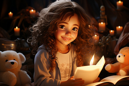 3D环绕小女孩的奇幻阅读之旅插画