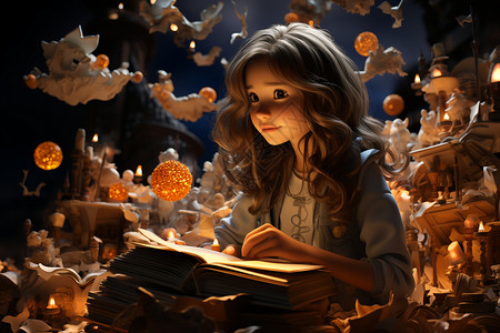 奇幻之夜的看书少女背景图片