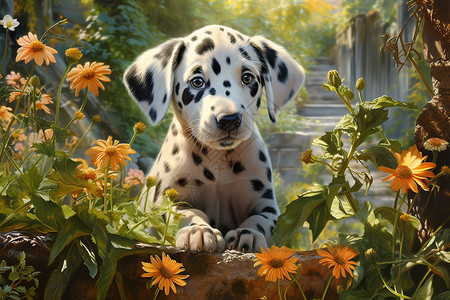 阳光花园里的小斑点狗背景图片
