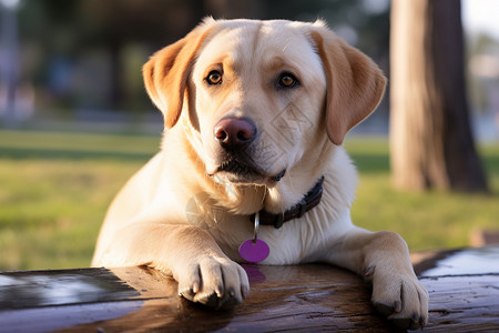 可爱拉布拉多犬在户外休息图片