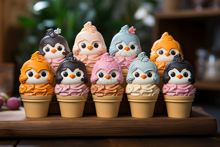可爱卡通小企鹅夏日的可爱冰淇淋背景