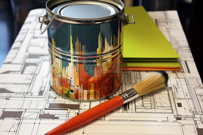 艺术笔记本旁的画笔和颜料罐图片