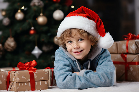 幸福圣诞节圣诞礼盒和男孩背景