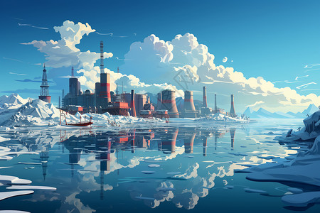 冰工厂清澈蓝天白云下的工厂插画