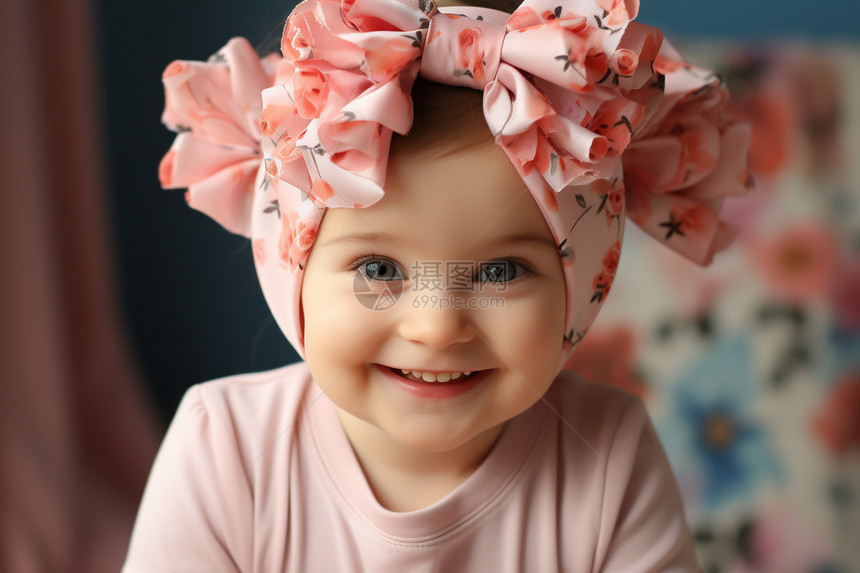 小女孩戴着粉色花环图片