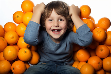 开心的男孩抱着橙子图片