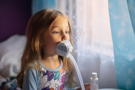 吸入剂带着呼气机器的小女孩背景