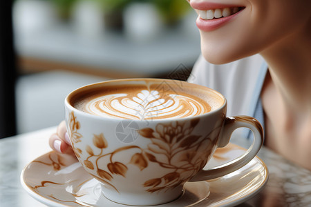 晨光中微笑的女士品味着咖啡图片