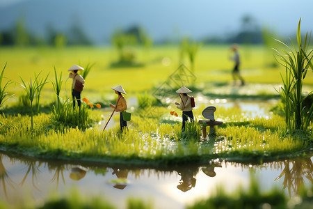 秋天种地的农民微距视角的稻田和农民设计图片