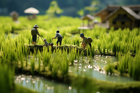 劳动节农民种地稻田的微缩景观设计图片
