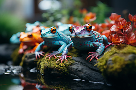 装饰用苔藓青蛙坐在池边的石头上背景