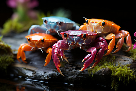 多彩促销装饰螃蟹与粉色花朵的装饰背景