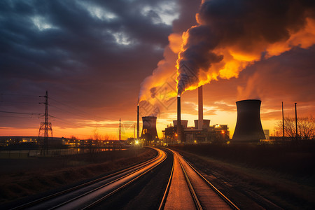 温室气体排放煤电厂中烟囱的浓烟背景