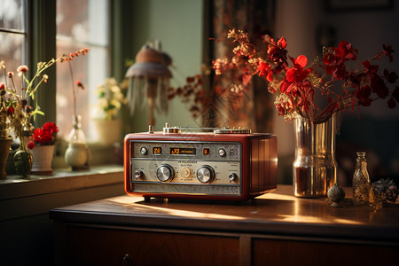 桌上的复古的收音机图片