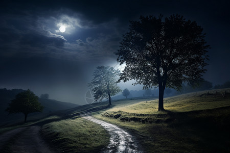 月光下的路边树影图片