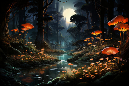 夜幕下的神秘原始雨林插画