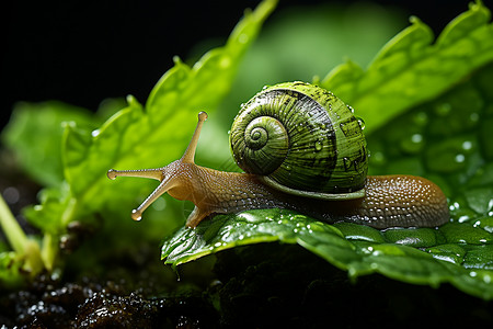 雨中爬行的蜗牛高清图片