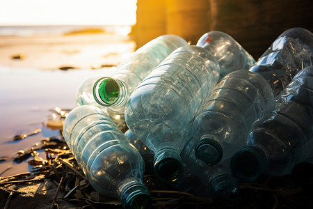 海滩边摞放的空白塑料瓶图片