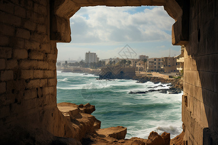一座古城的窗户和大海图片