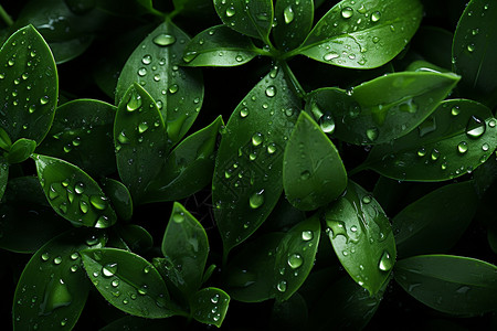 水滴映照下的绿色叶子图片