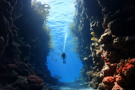 深蓝色海水纹深海潜水中的壮丽景观背景