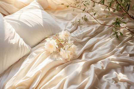柔软如丝的白色床单高清图片