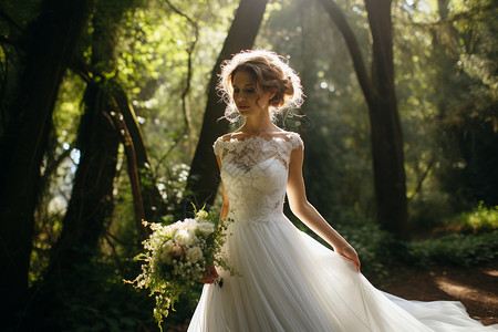 树林中拍婚纱照的新娘背景图片