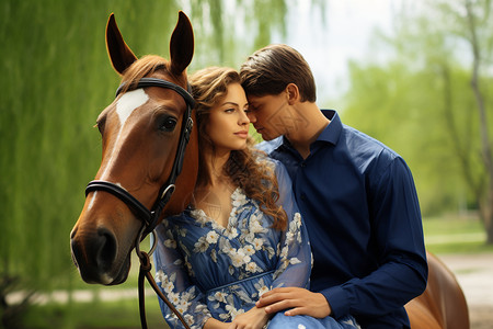 公园牵着马的情侣背景图片