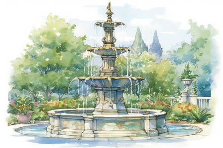 水景雕塑宁静典雅的喷泉插画插画