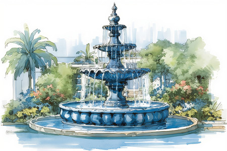 花园雕塑细节优雅宁静的喷泉插图插画