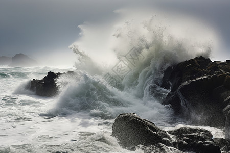 暴风雨海浪海浪冲击着礁石背景