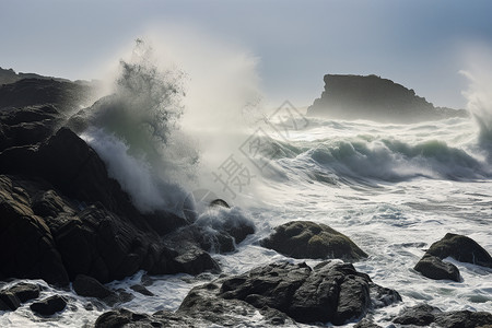 海浪冲击岸边岩石图片