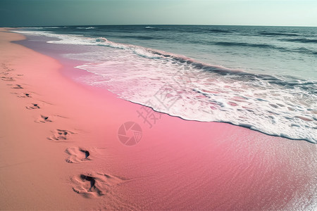 美丽粉色海滩上的脚印图片