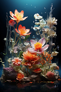 3d花瓶浮动的花束插画
