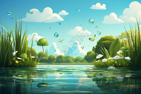 生态环保海报蓝天下的清新植物插画