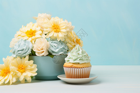 庆祝鲜花素材美丽的鲜花和蛋糕背景