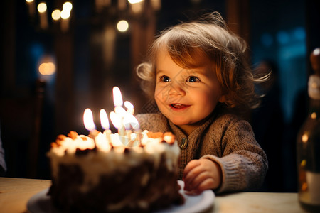 小女孩面前点燃的蛋糕背景图片