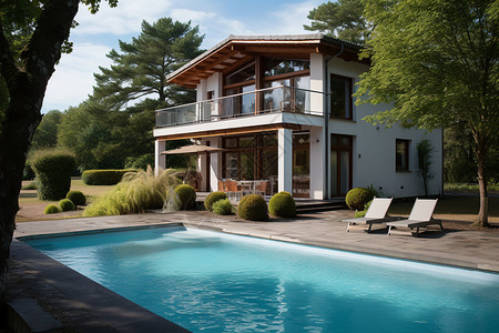 绿草如茵，蓝天白云，带游泳池和躺椅的房子高清图片