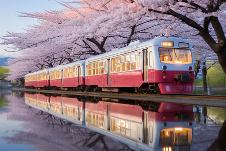 公园小火车小火车驶过开满樱花的公园背景