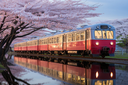 春天的列车春日樱花背景